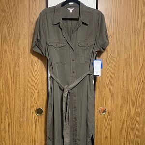 Button-Front Midi Shirt Dress with Self-Tie Waist in Olive Green